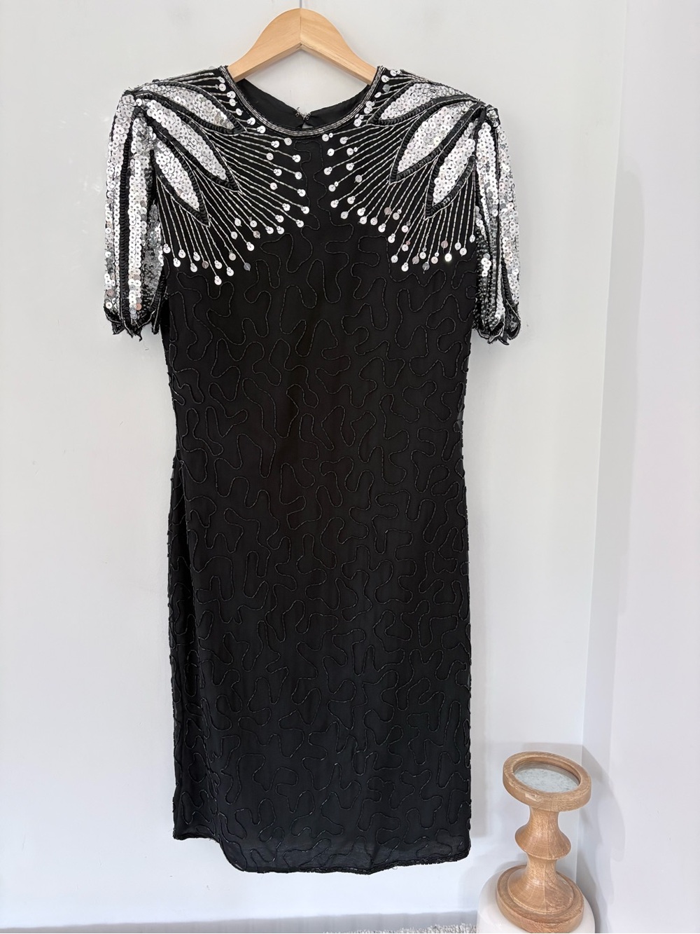 Vintage SCALA 80s Glam Black Beaded Sequins 100% Silk Evening Dress L Cocktail